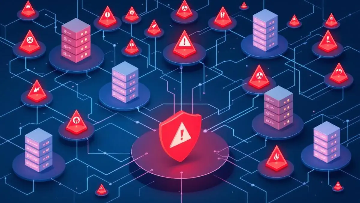 Illustration interconnected computer servers red warnings vulnerability digital supply chain network