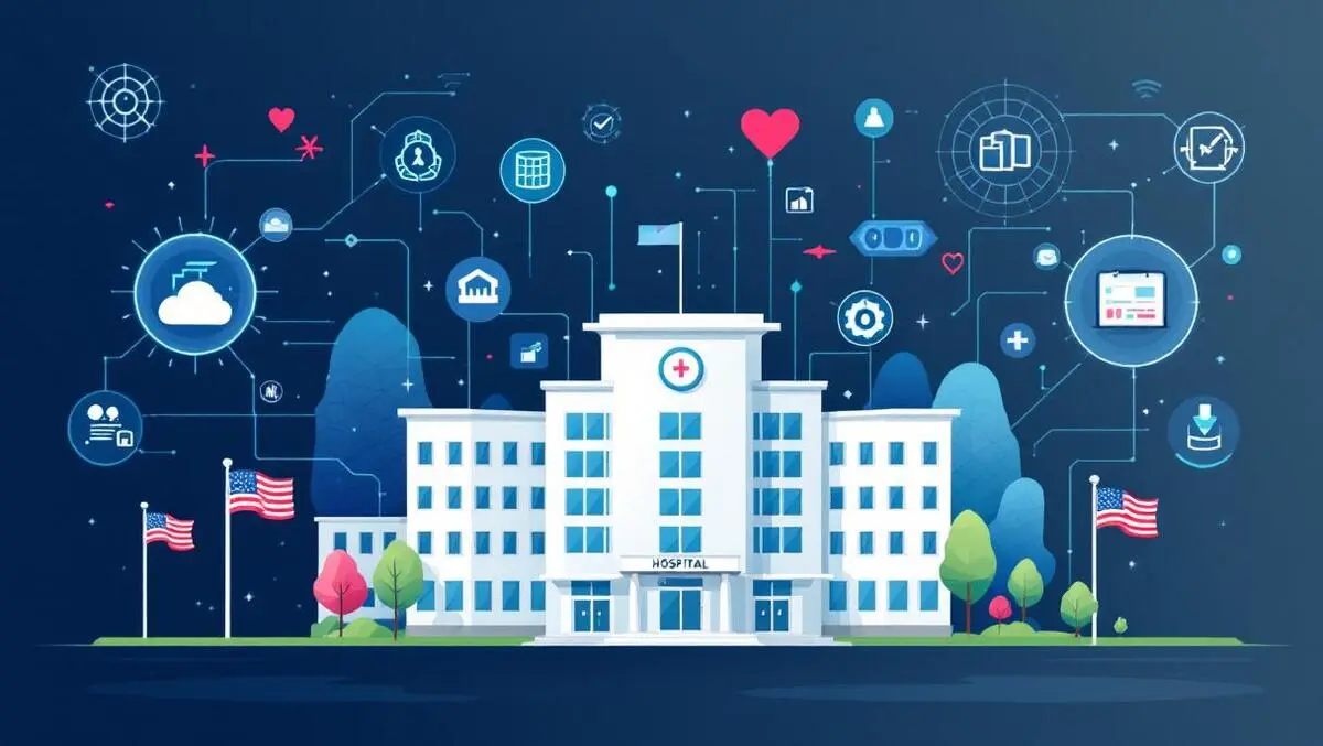 Modern hospital building digital data asset management american flags healthcare tech