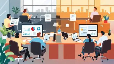 North america modern office accountants automated workflow charts computer screens