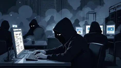 Illustration hooded cybercriminals typing shadowy servers cyber attacks cloud