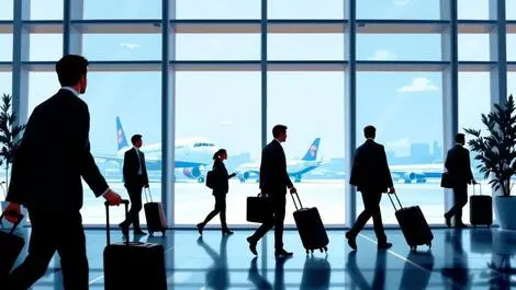 Business people walking airport terminal carrying suitcases airplanes window