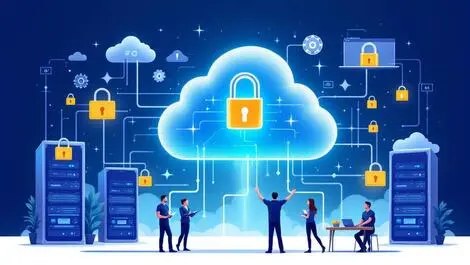 Illustration interconnected cloud servers digital locks secure software delivery engineers collaborating