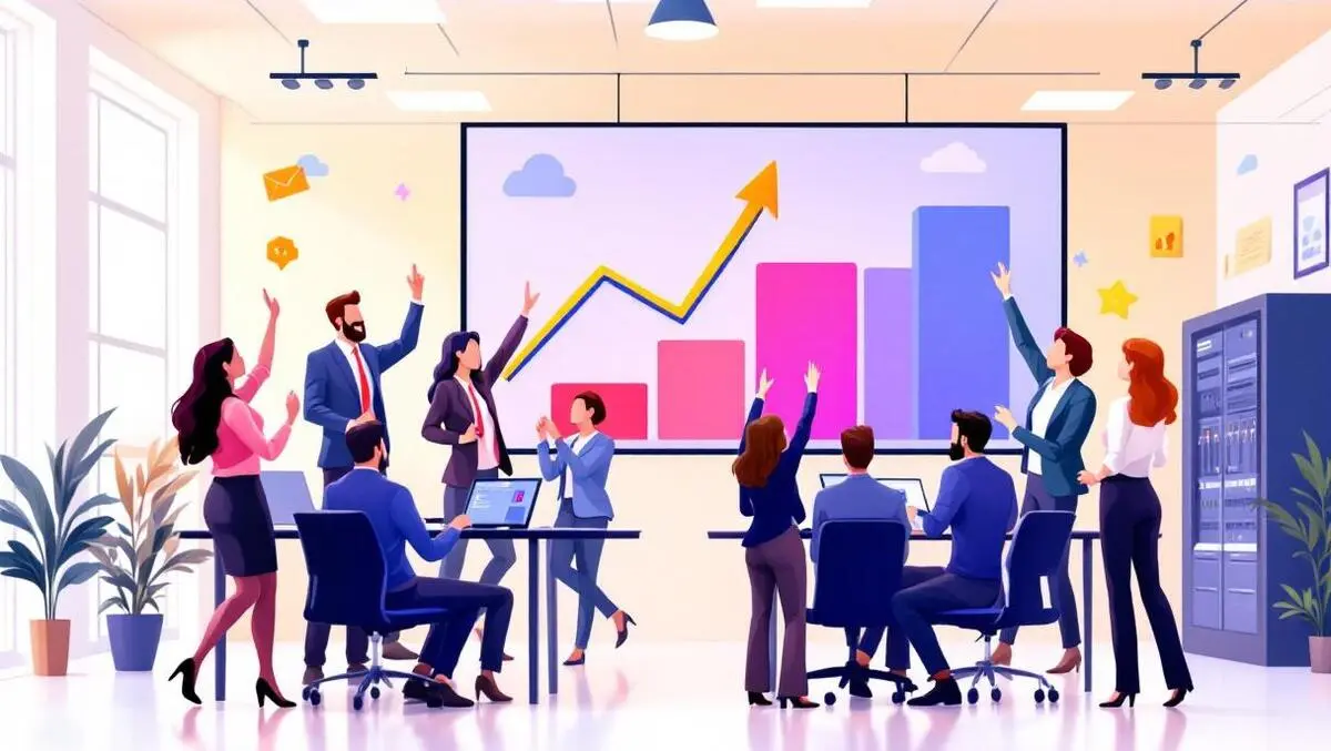 Realistic business team celebrating rapid growth graph success tech