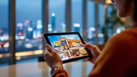 Traveler browsing vibrant hotel images tablet modern lobby singapore skyline