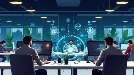 Australian office workers ai digital elements modern open plan office scene