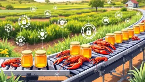Realistic honey jars lobsters farm supply chain conveyor digital tracking security australian rural background