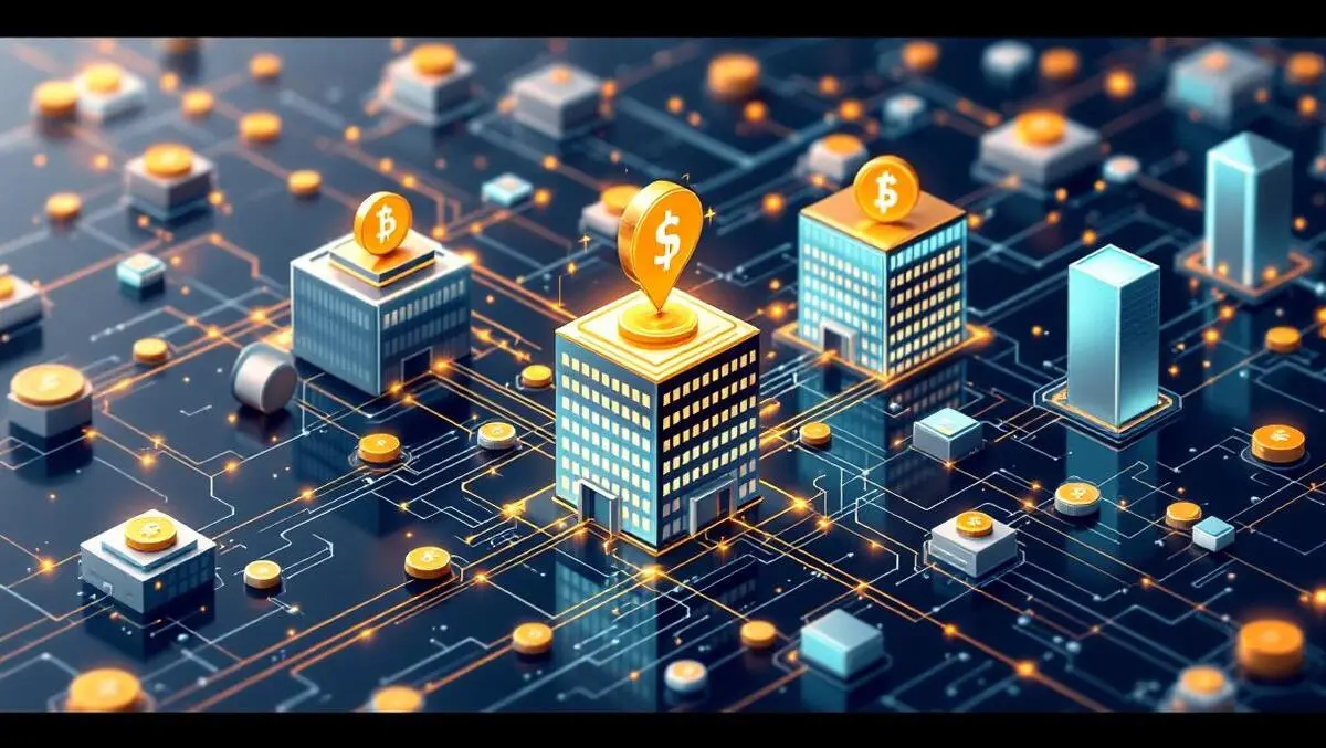 Detailed illustration interconnected digital blocks coins blockchain payments modern business buildings