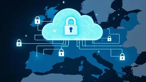 Secure digital cloud europe map interconnected locks shield privacy data security