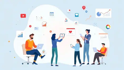 Small business owners using digital devices with tech icons growth ai