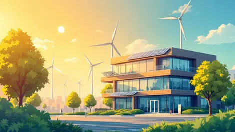 Modern office building solar panels wind turbines renewable energy progress