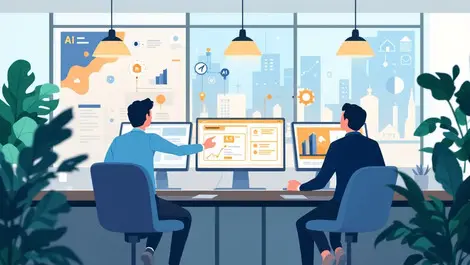 Busy real estate agents in modern australian office with ai automation icons