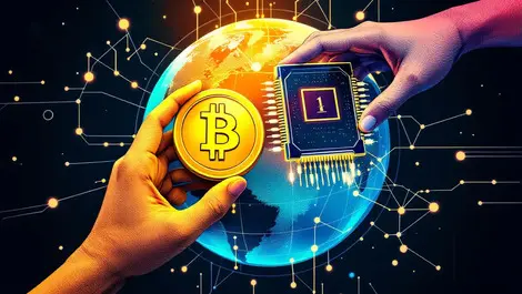 Hands holding gold coin and digital chip merging over globe global digital finance