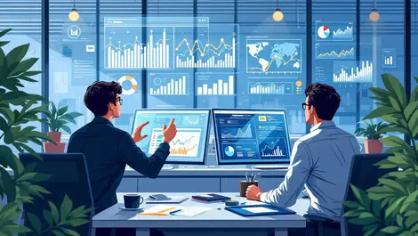 Professionals office reviewing transparent analytics dashboards data analysis accountability north american corporate