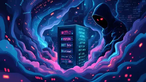 Computer server surrounded by corrupted code symbolizing data poisoning cyber attacker shadow