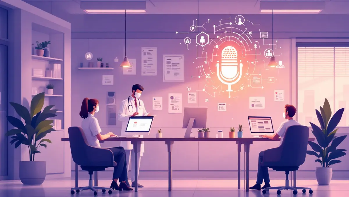 Hospital office doctors nurses ai assistance glowing microphone icon