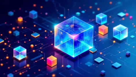 Colorful interconnected data nodes transparent cubes open data exchange collaboration