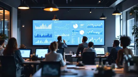 Modern office people collaborating large screens data charts ai analytics