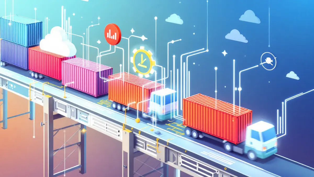 Cargo containers on conveyor with data streams real time logistics integration