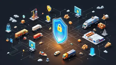 Interconnected supply chain network cargo trucks ships warehouses security shields