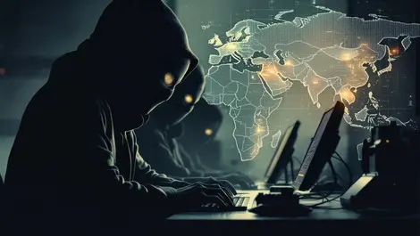 Masked figures dark clothing computers dim room digital maps asia africa cyber espionage