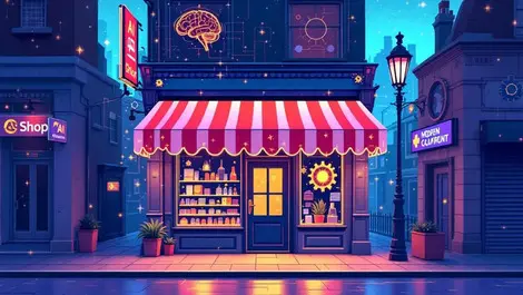 Vibrant uk high street shop glowing gears ai brain technology innovation
