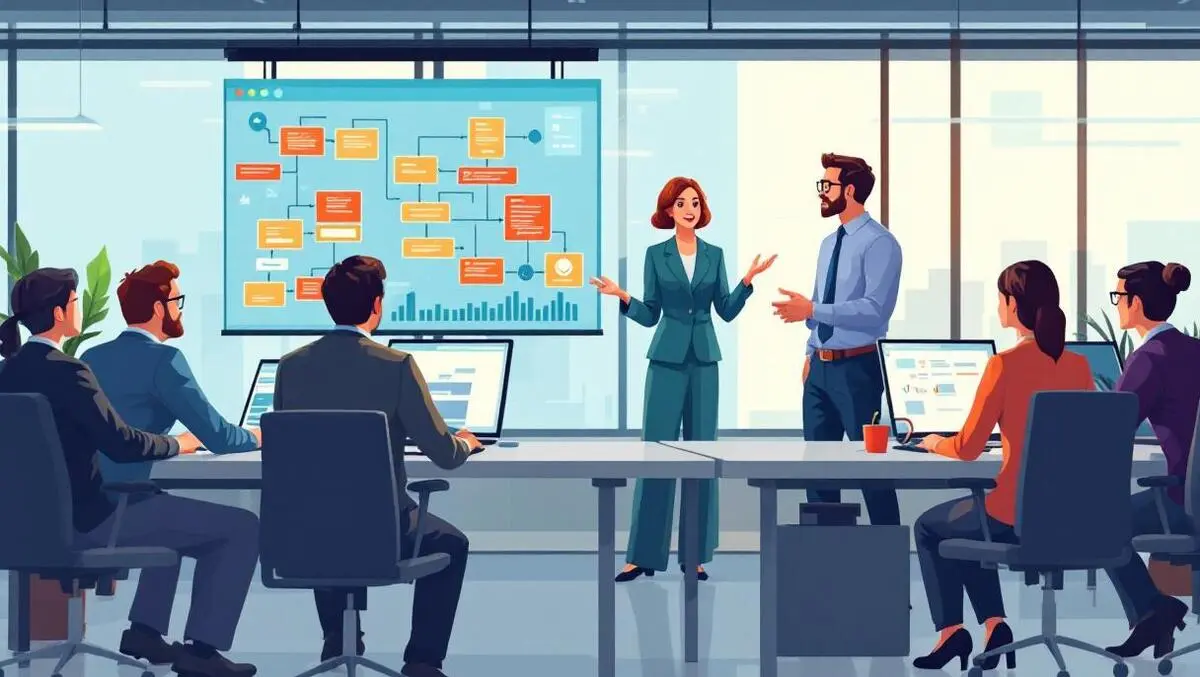 Modern office collaboration consultants discussing workflow diagrams