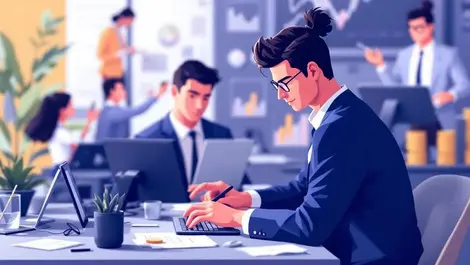 Realistic illustration busy office workers collaborating business growth
