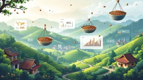 Coffee beans transport farm to roasters asian terraced hills korean rooftops data graphs