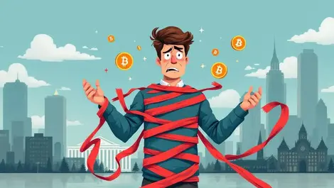 Frustrated person holding crypto symbols tangled in red tape canada regulatory obstacles