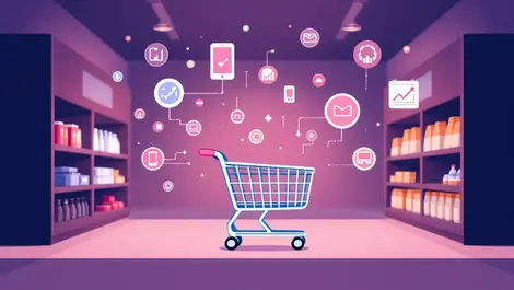 Shopping cart store aisle digital devices floating data analytics icons