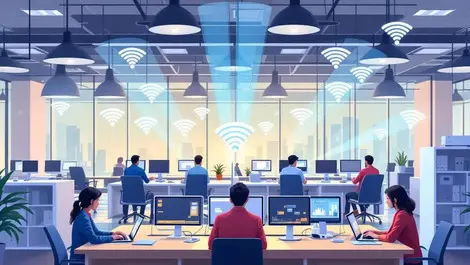 Modern office wireless routers access points laptops tablets wi fi network