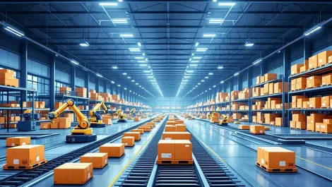 Modern warehouse interior robotic arms conveyors automated vehicles logistics