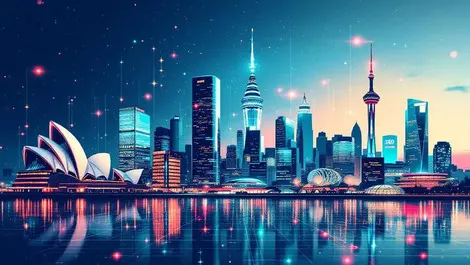 Modern australian city skyline digital lines data streams sydney opera house