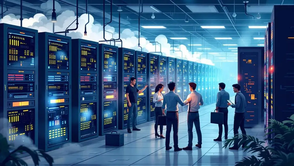 Realistic illustration busy server room flickering servers it professionals examining equipment urgency technical disruption