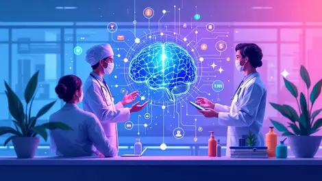 Australian clinicians examining glowing digital brain with investment icons