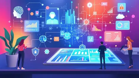 Business professionals analyzing data ai automation secure networks office