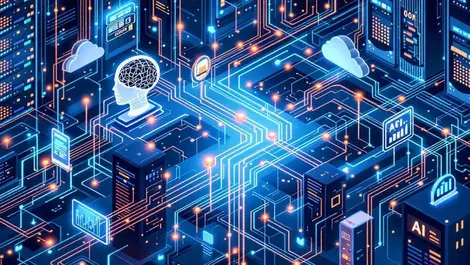 Flowing data streams connecting computer servers ai brains data integration