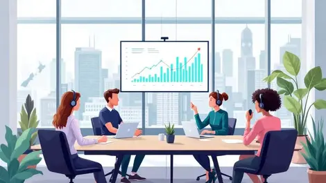 Modern business meeting professionals voice devices charts innovation nz