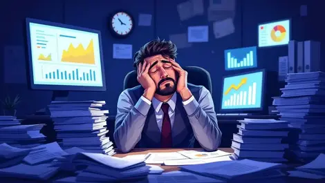 Tired business executive financial reports glowing screens charts modern office