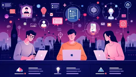 Young british adults using laptops smartphones with resume job ai icons london skyline background