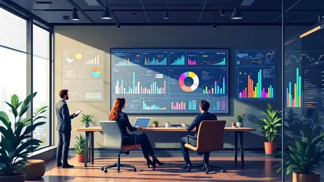 Business professionals modern office analyzing colorful data charts graphs