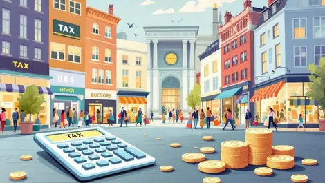 Uk city shopping streets with storefronts shoppers calculator coins tax concerns