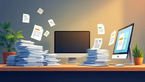 Australian office desk paper invoices to digital files automation finance