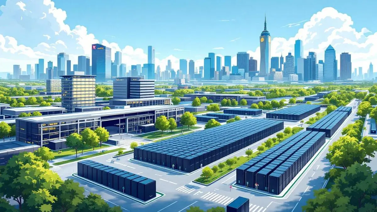 Realistic illustration modern data centres servers green spaces texas new york skylines