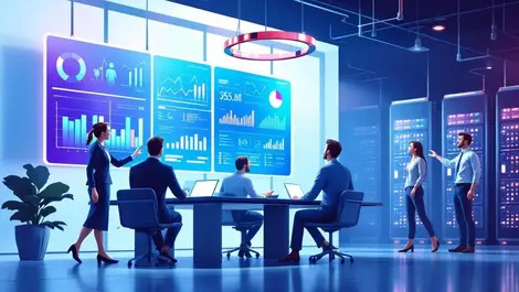 Business meeting executives analyzing data graphs digital screens ai