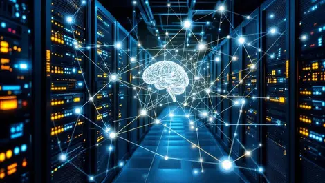 Detailed illustration interconnected server racks fiber optic cables ai brain patterns network automation monitoring