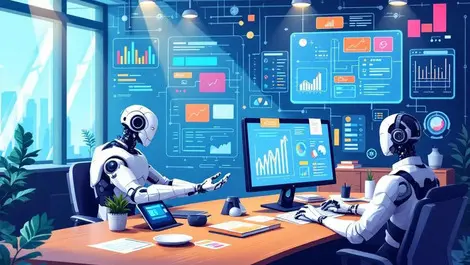 Modern office workspace ai driven business automation robots humans collaborating