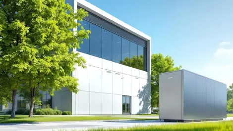 Modern data center with green trees and metallic backup power unit