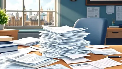 Stack paperwork receipts cluttered office desk clock time london cityscape