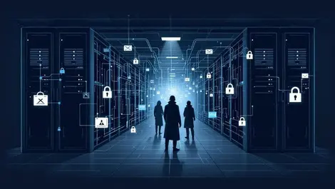 Dark server room network cables shadowy guards digital locks cybercrime security threats hosting